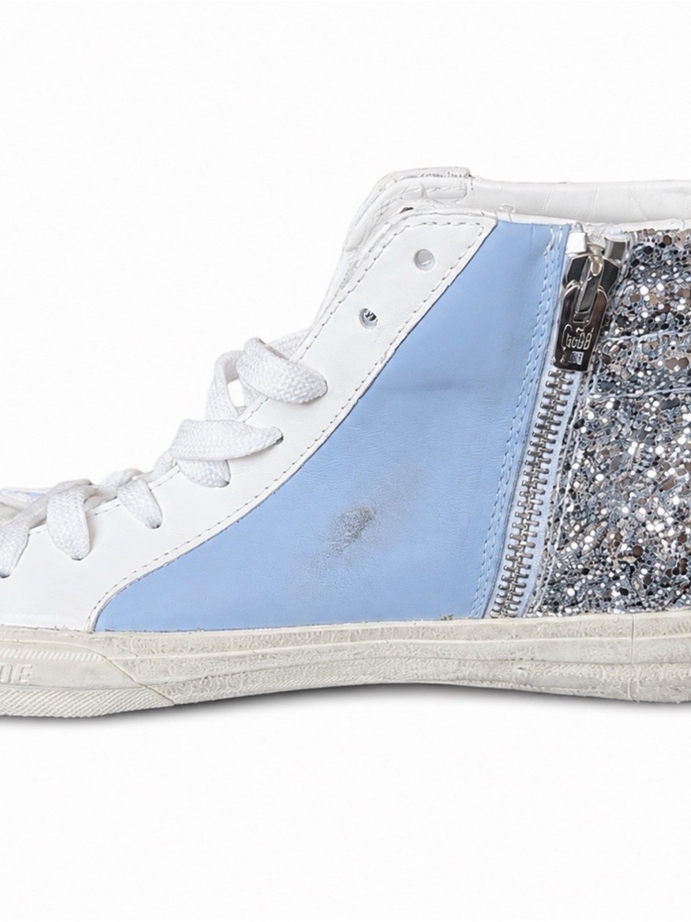 Golden Goose High-Top Sneaker in White & Light Blue with Glitter Star - Picture 2 of 9